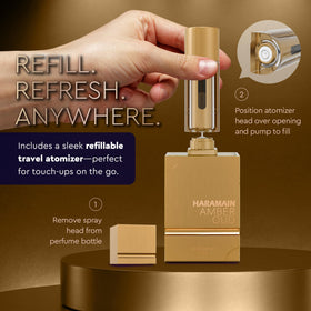 Al Haramain next to a coin and keys showing 60ml scale and portability
