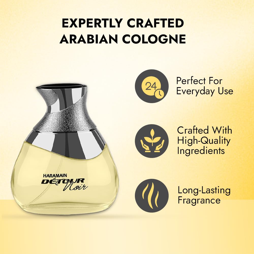 Al Haramain Detour Noir held in hand to show 3.33 oz size and travel convenience