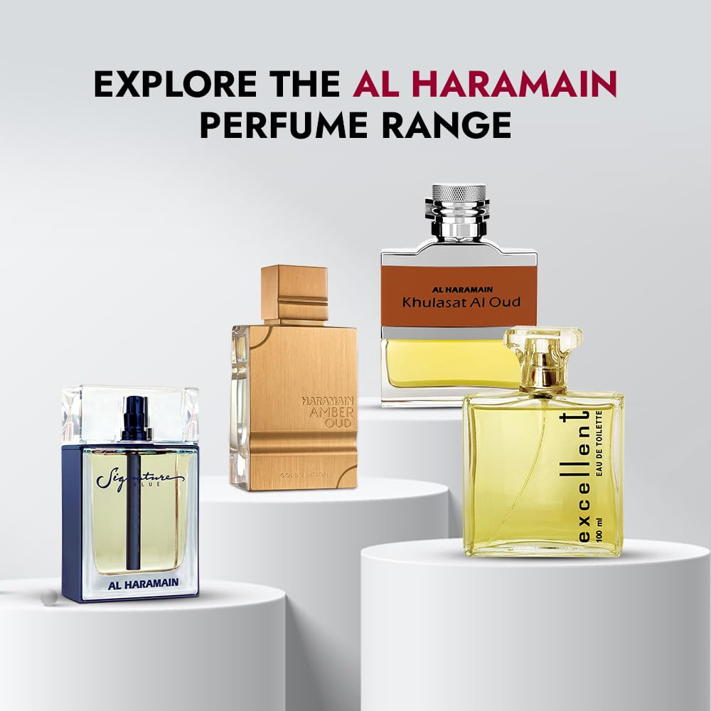 Al Haramain Detour Noir ingredient display showing almond jasmine and sandalwood notes