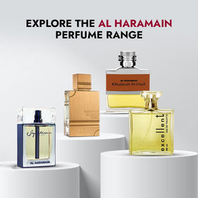 Al Haramain Detour Noir ingredient display showing almond jasmine and sandalwood notes