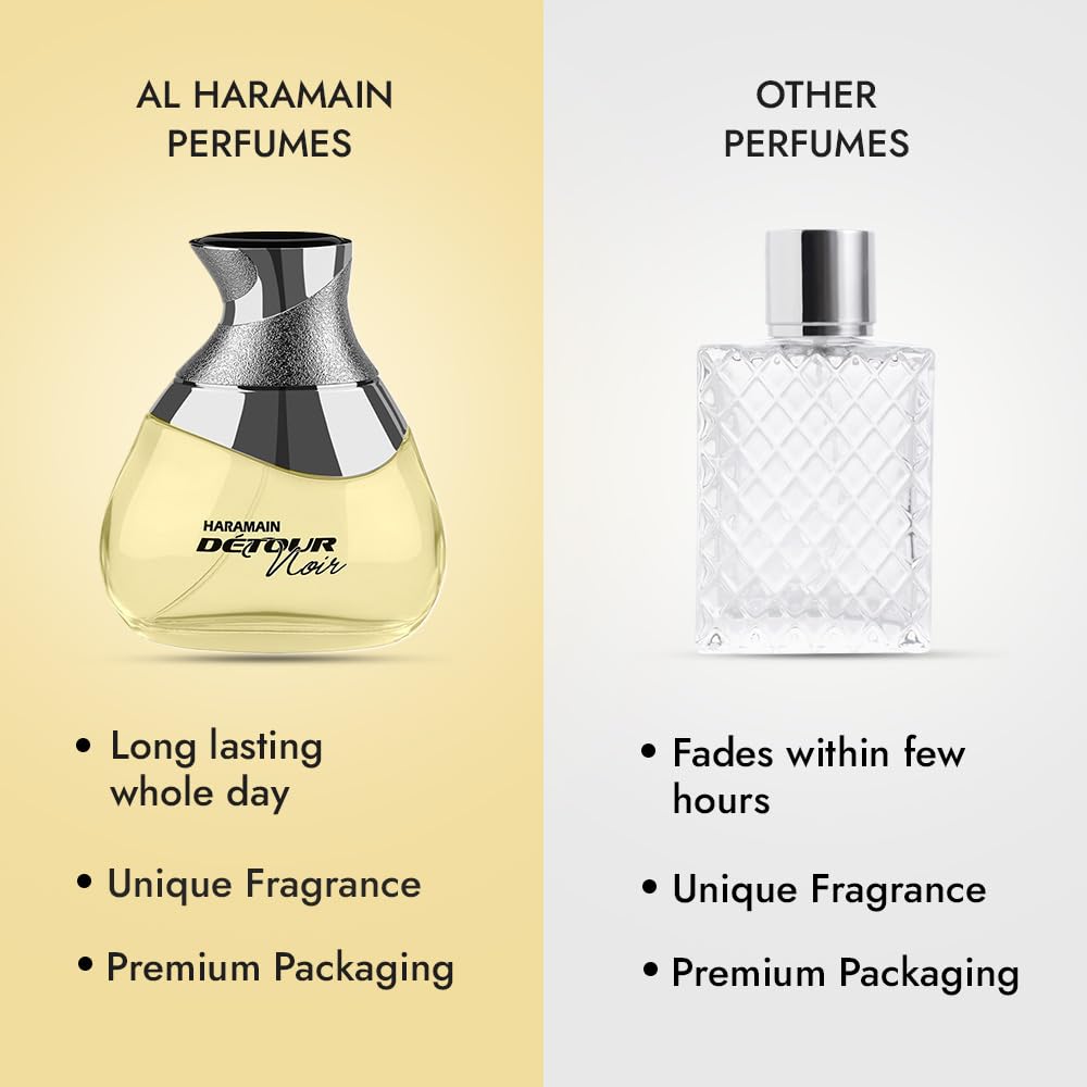 Al Haramain Detour Noir in evening setting suggesting warm, sophisticated wear