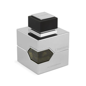 Al Haramain L'Aventure bottle close-up highlighting cap and glass, emphasizes refined craftsmanship