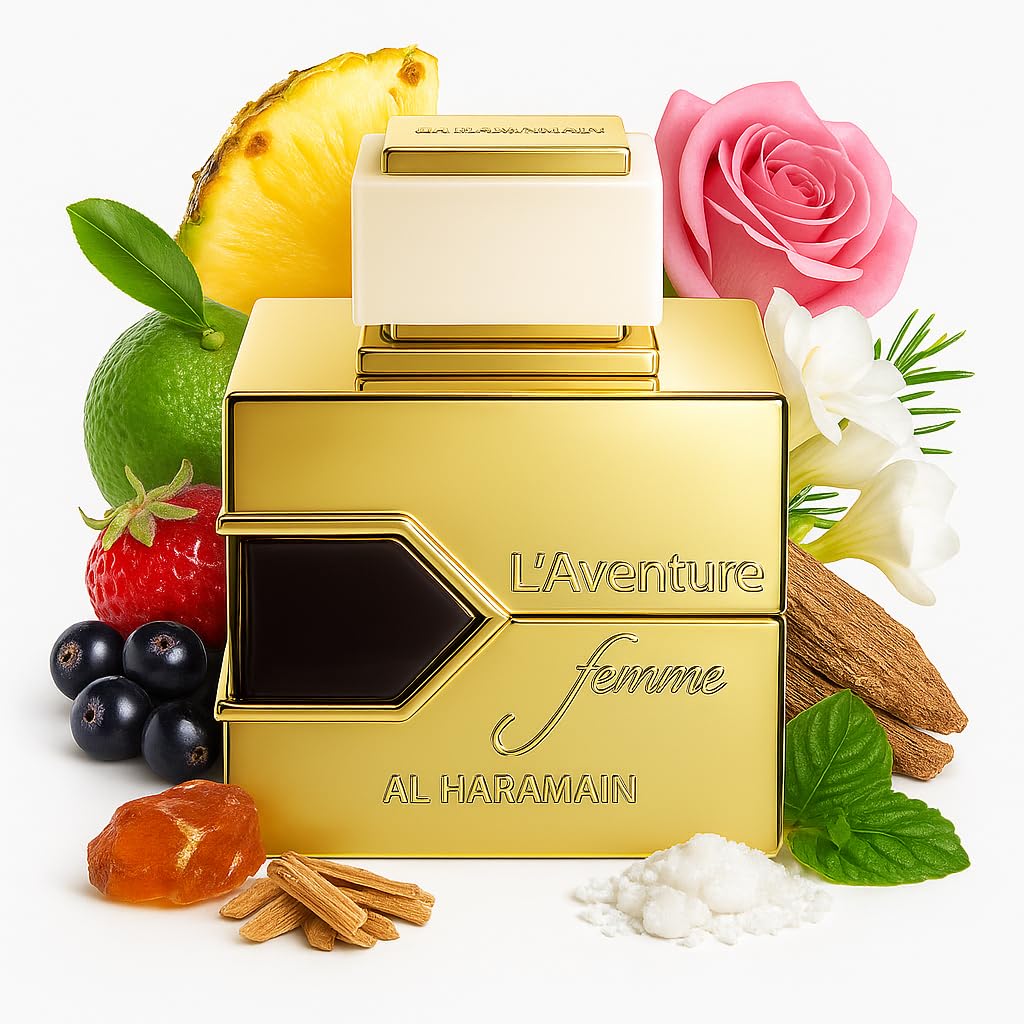 Al Haramain L'aventure Femme bottle close-up revealing glass finish and cap, emphasizes premium design
