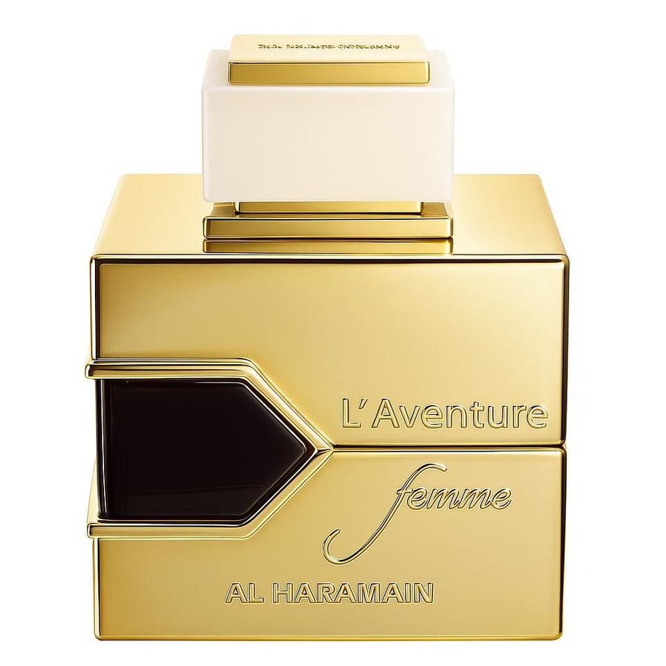 Al Haramain L'aventure Femme front packaging showing elegant bottle and box, highlights gift-ready presentation