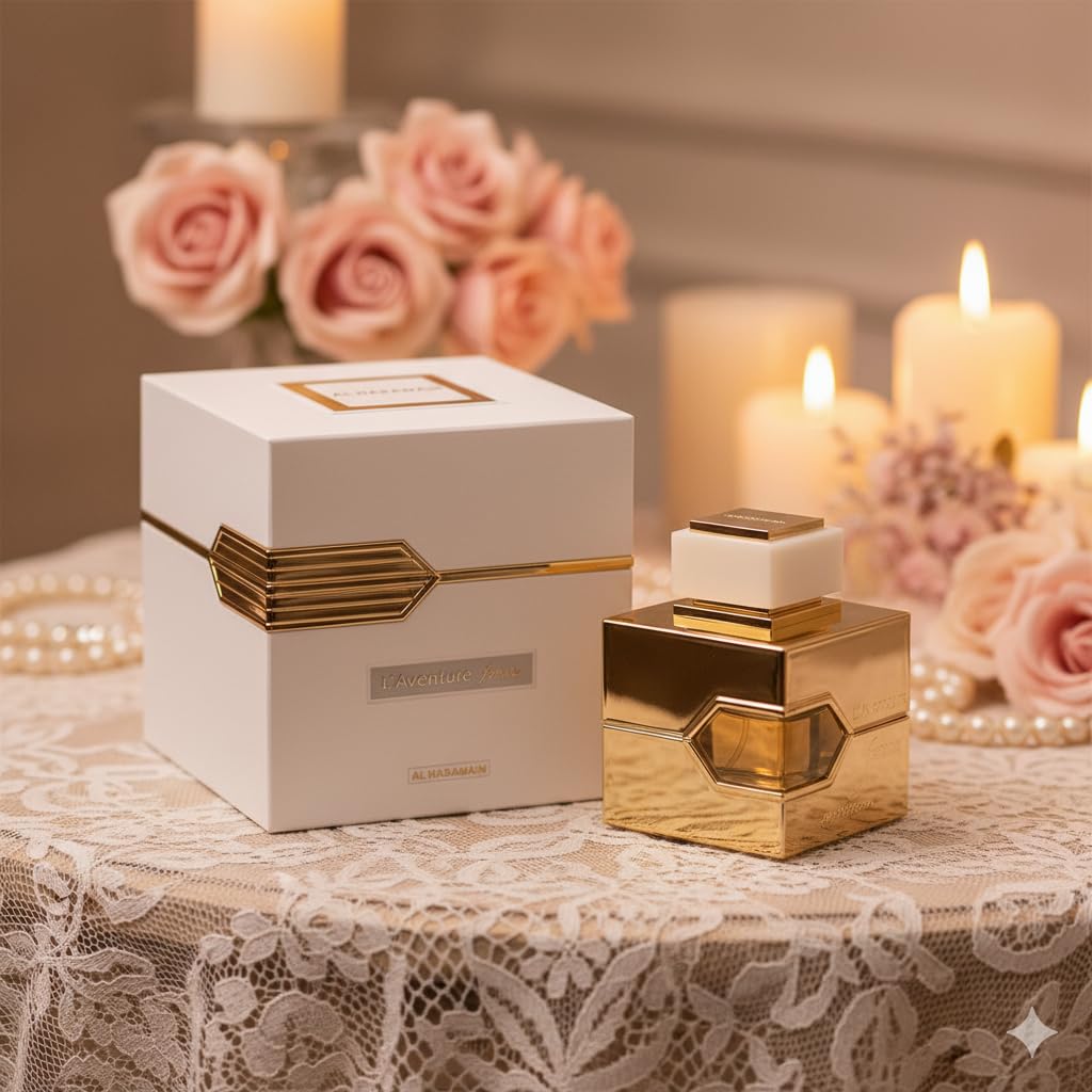 Al Haramain L'aventure Femme label detail with logo and name, communicates authentic branding and clarity