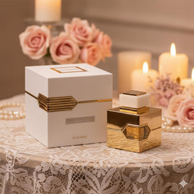 Al Haramain L'aventure Femme label detail with logo and name, communicates authentic branding and clarity