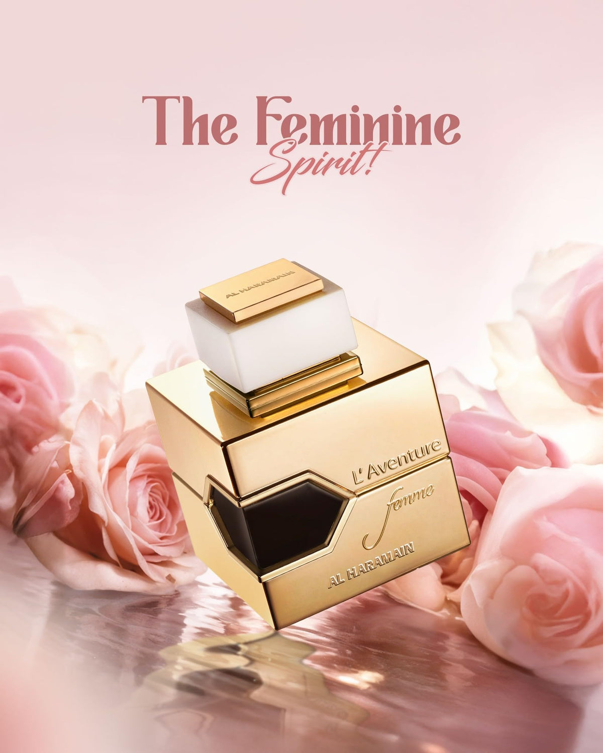 Al Haramain L'aventure Femme next to a hand for size scale, shows portable 3.3 oz convenience