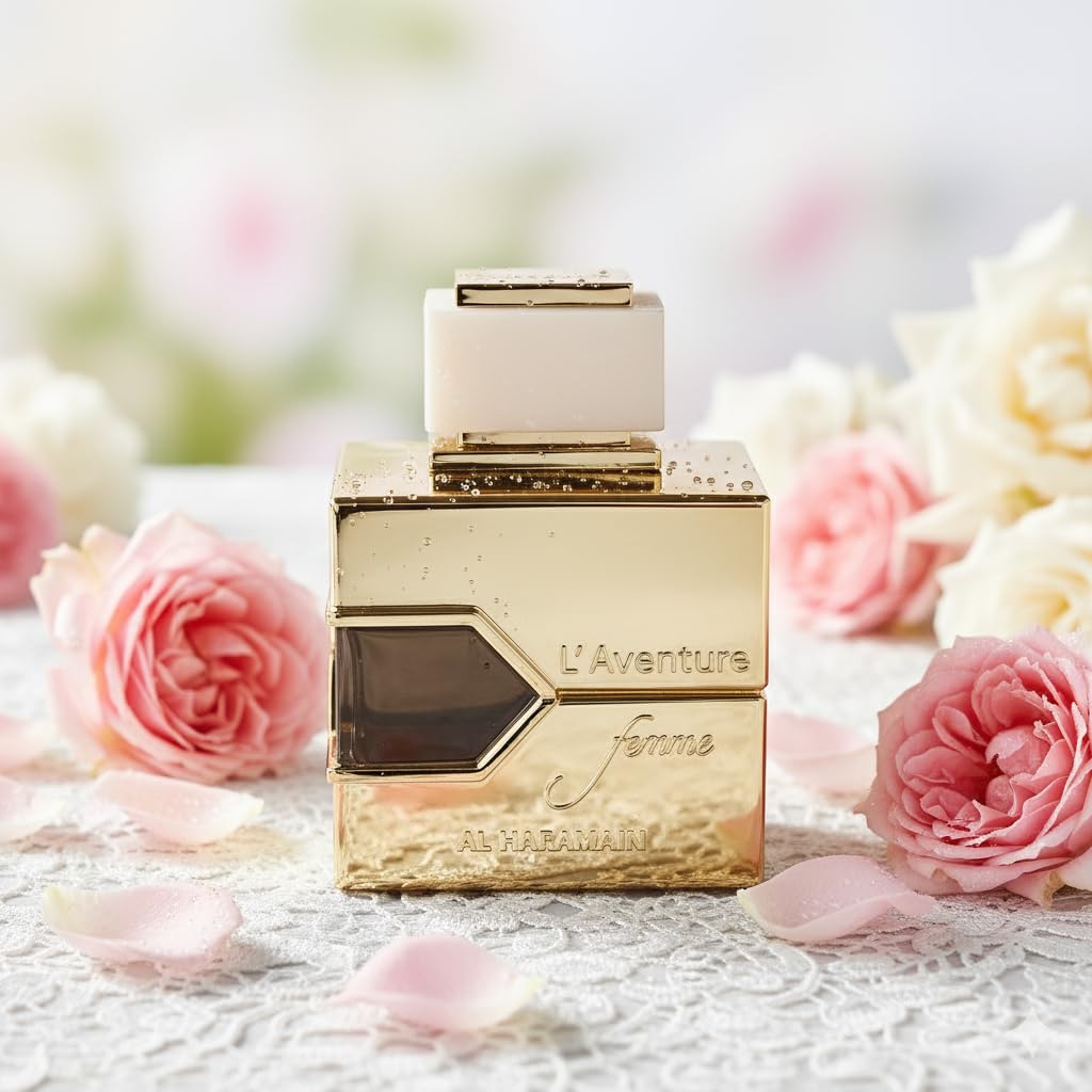 Al Haramain L'aventure Femme spray action captured mid-mist, demonstrates easy application and fine atomizer