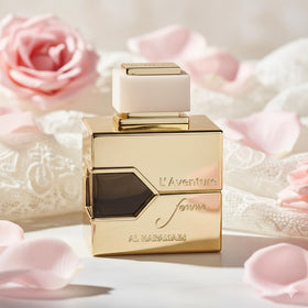 Al Haramain L'aventure Femme atomizer and bottle texture close-up, highlights tactile quality and durable cap