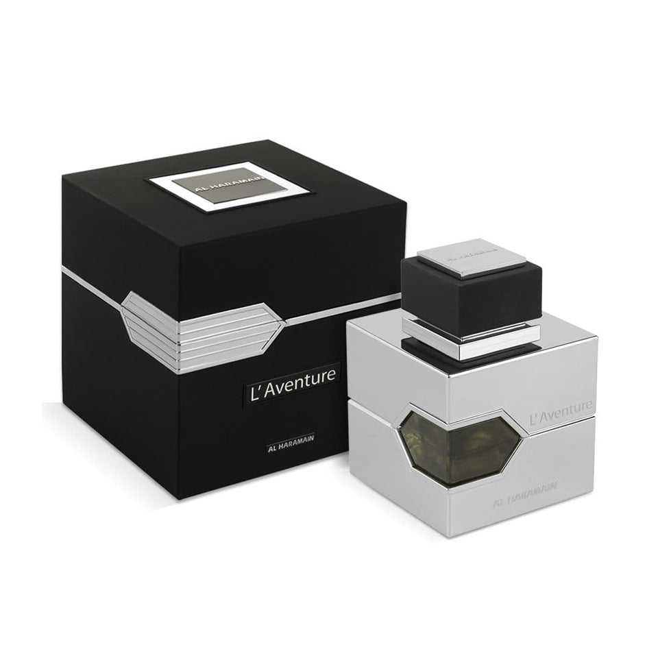 Al Haramain L'Aventure front packaging showing elegant bottle and label, conveys premium appeal