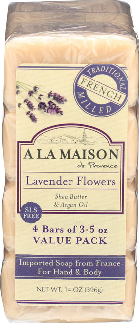 A LA MAISON front packaging showing four lavender bars and calm scent benefit