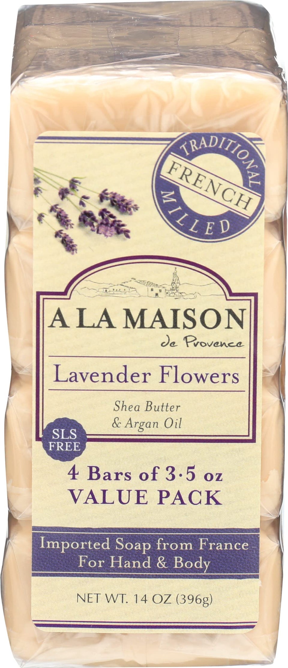 A LA MAISON front packaging showing four lavender bars and calm scent benefit