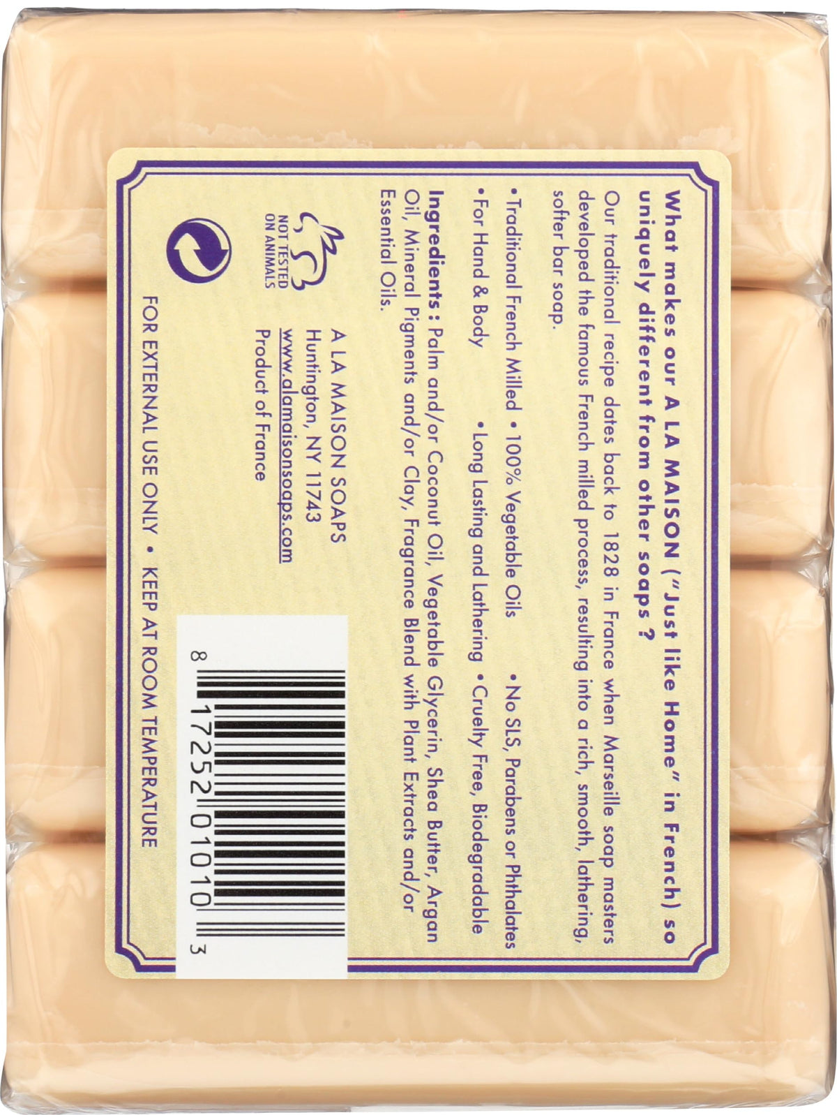 A LA MAISON soap beside a ruler showing compact 3.5 oz size benefit