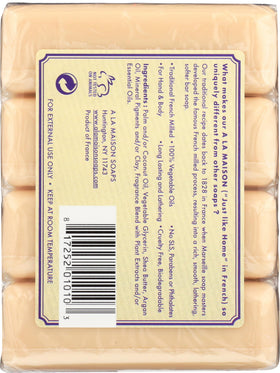 A LA MAISON soap beside a ruler showing compact 3.5 oz size benefit
