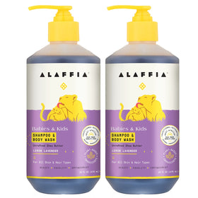 Alaffia front packaging showing two 16 oz bottles and product benefits