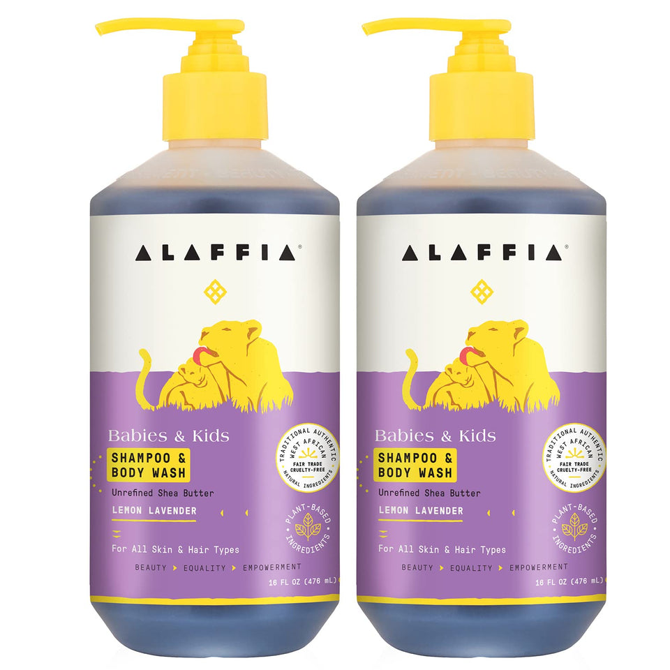 Alaffia front packaging showing two 16 oz bottles and product benefits
