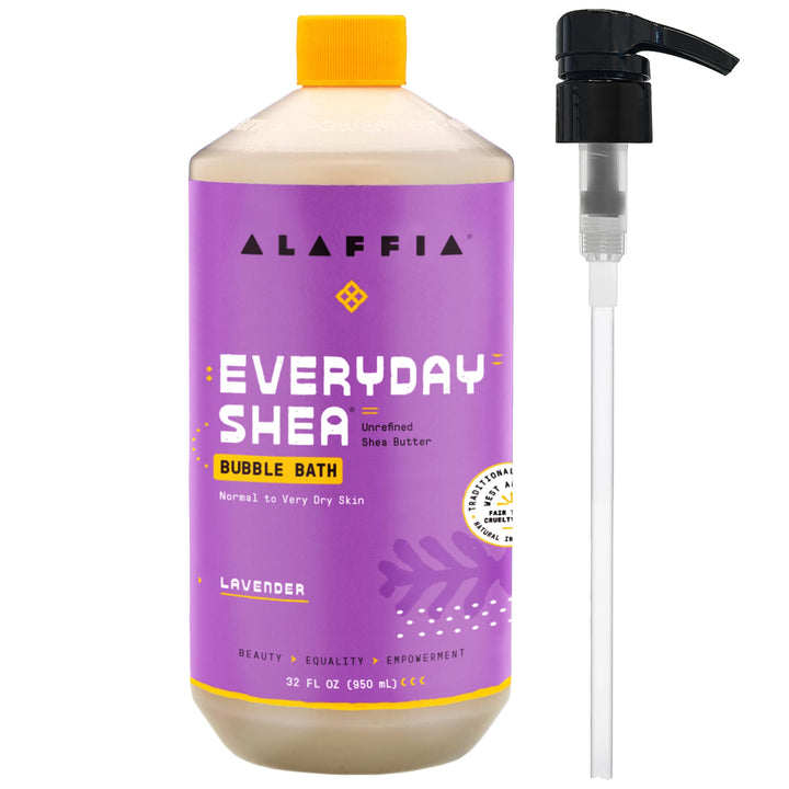 Alaffia bottle front view showing lavender bubble bath and pump, clear product benefit