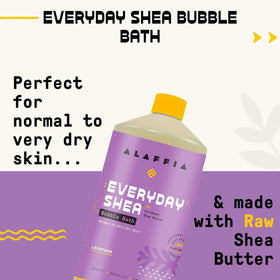 Alaffia bottle beside a bathtub creating a calming lavender atmosphere