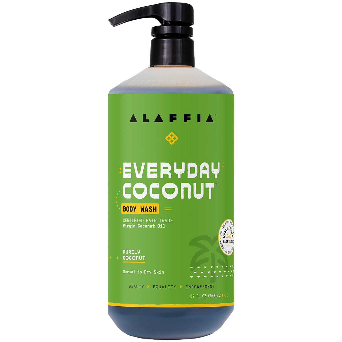 Alaffia front bottle showing label and size, clear view and informative branding benefit