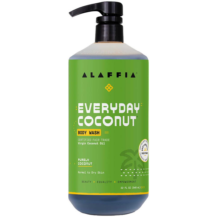 Alaffia front bottle showing label and size, clear view and informative branding benefit