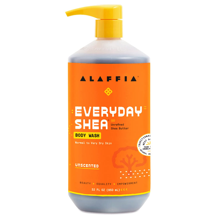 Alaffia front bottle packaging showing unscented body wash benefits