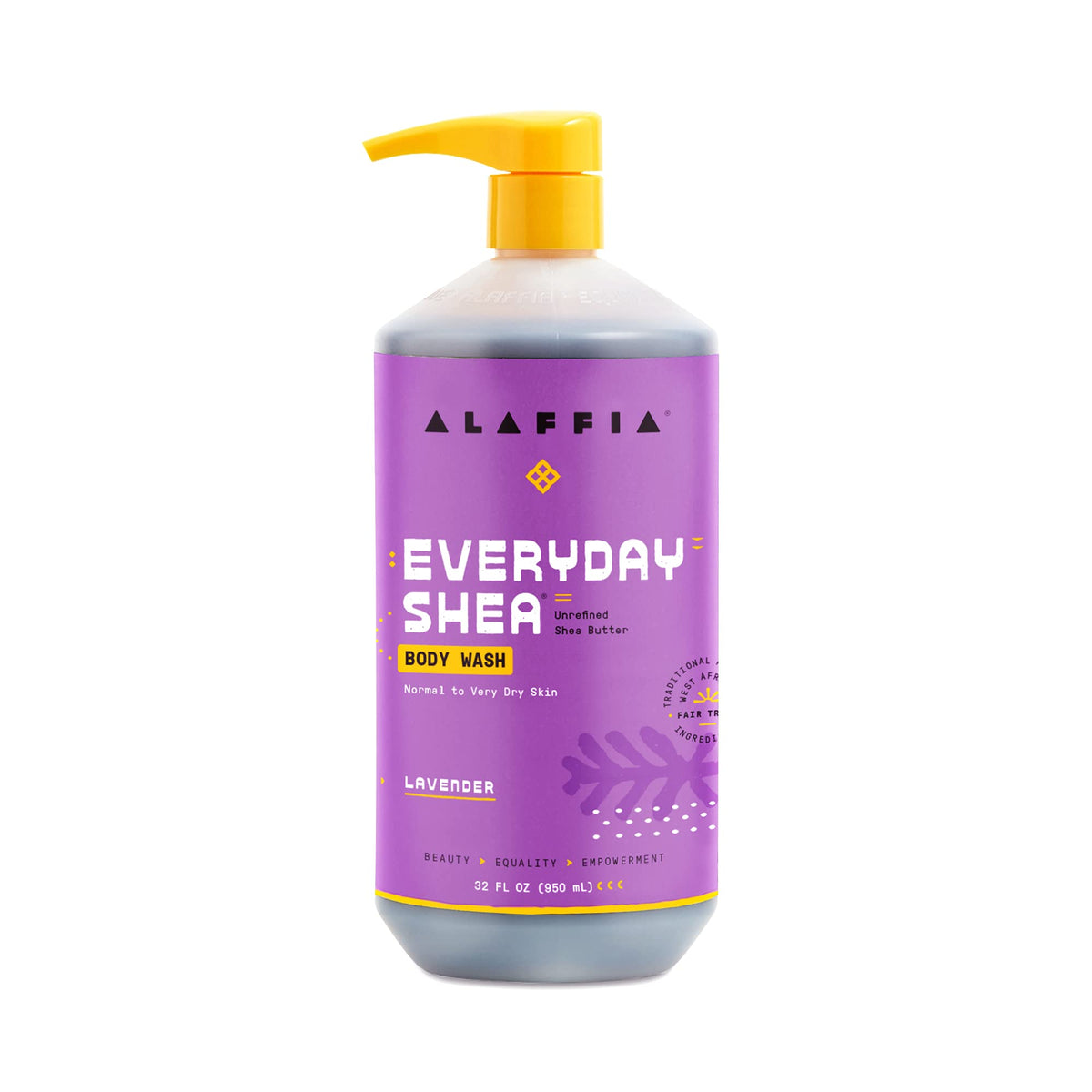 Alaffia front bottle showing lavender label and fair-trade branding for trust