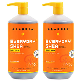 Alaffia front packaging of two 32 oz unscented body wash bottles, clear supply benefit