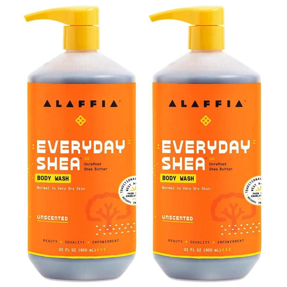 Alaffia front packaging of two 32 oz unscented body wash bottles, clear supply benefit