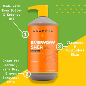 Alaffia ingredients label highlighting shea butter and clean formulation benefit