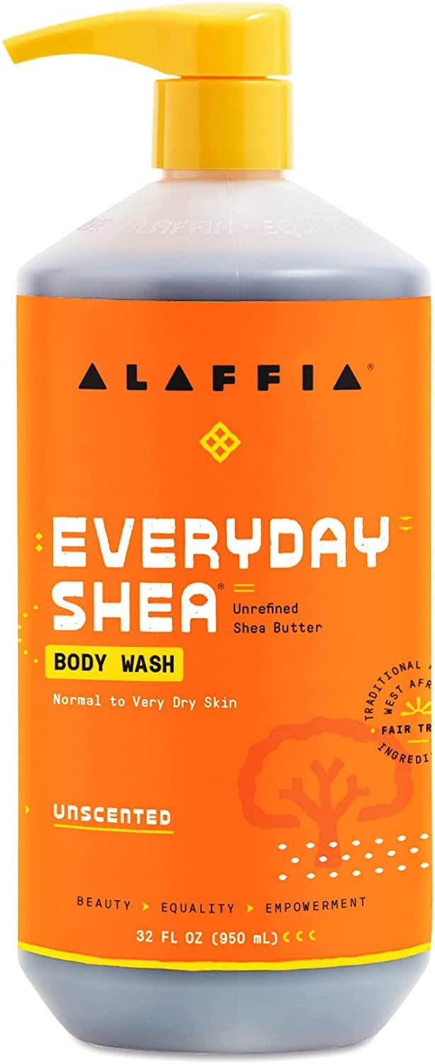 Bathroom shelf styled with Alaffia bottles showing everyday convenience benefit