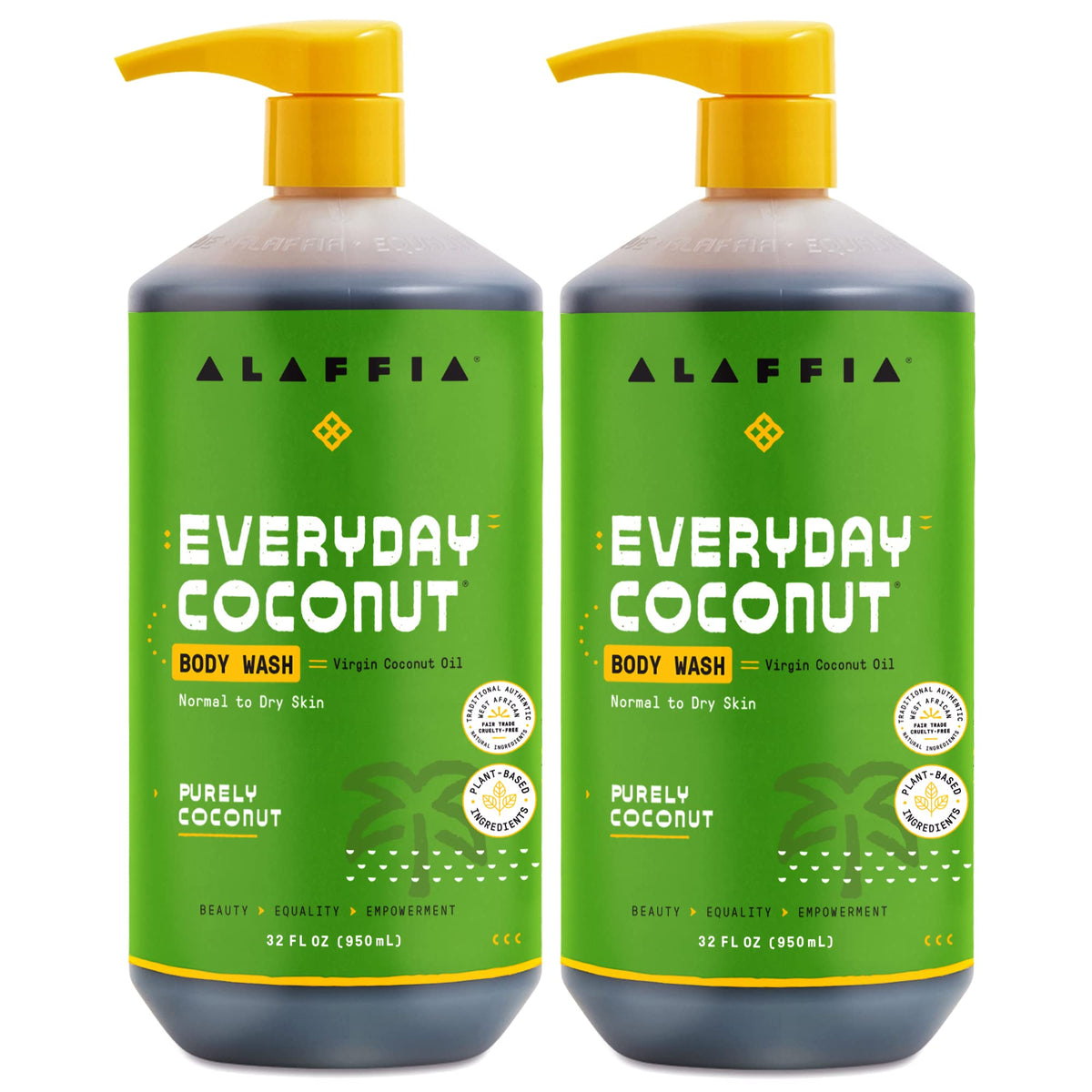 Alaffia front two 32oz bottles showing label and packaging benefit of value size
