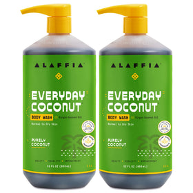 Alaffia front two 32oz bottles showing label and packaging benefit of value size