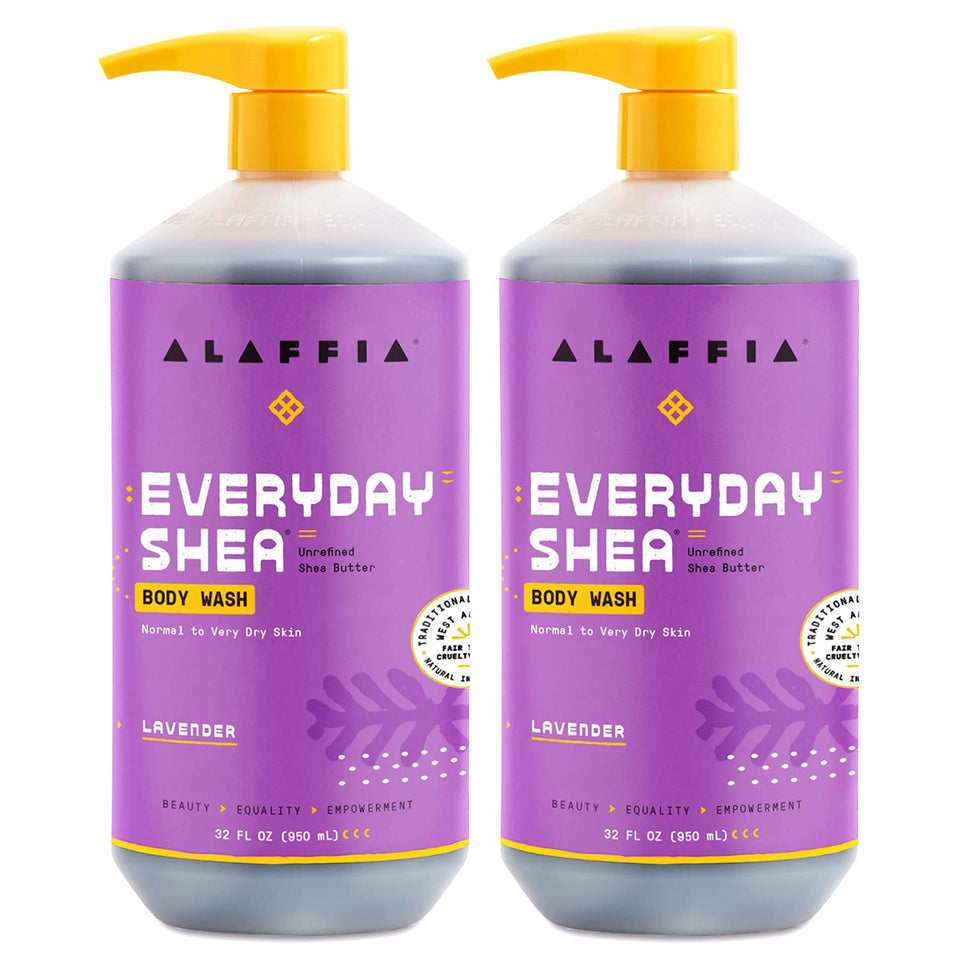 Alaffia front packaging showing lavender body wash and benefits