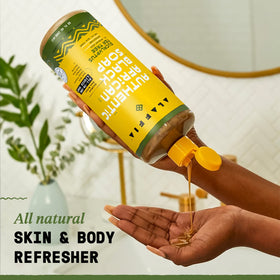 Alaffia pouring soap showing creamy texture for gentle cleansing benefit