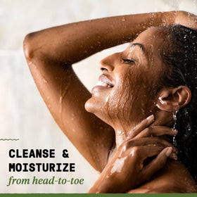 Alaffia lather in hair showing scalp cleansing and manageable hair benefit