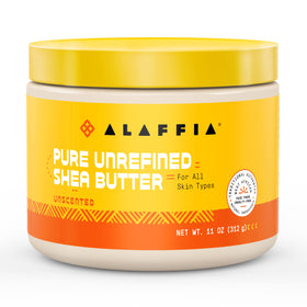 Alaffia front jar label showing unscented pure shea butter and fair trade seal for ethical sourcing