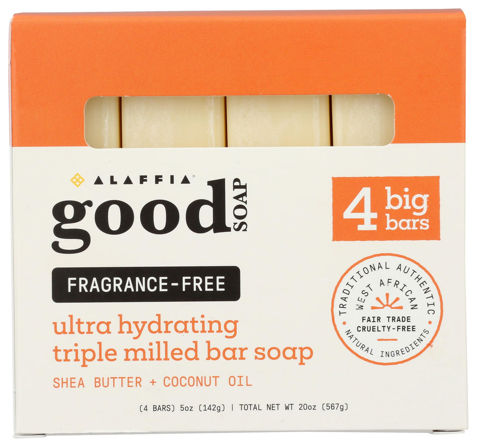 Alaffia front packaging showing four unscented shea bars, convenient value