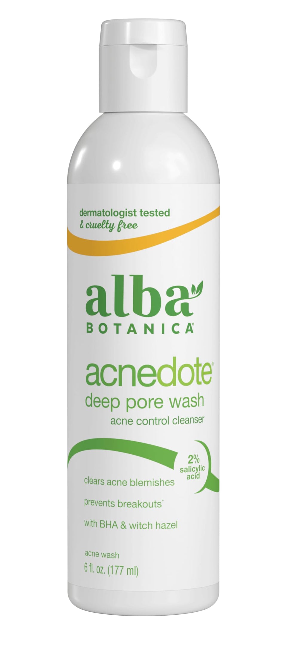 Alba Botanica bottle front packaging showing label and 6 oz size, promotes clear skin