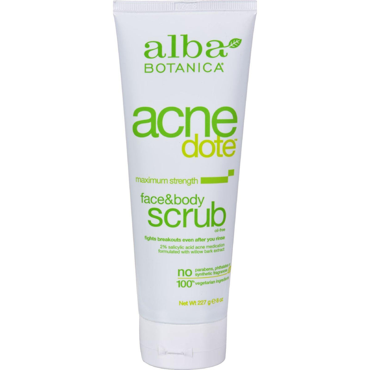 Alba Botanica front tube photo showing product and its exfoliating benefits