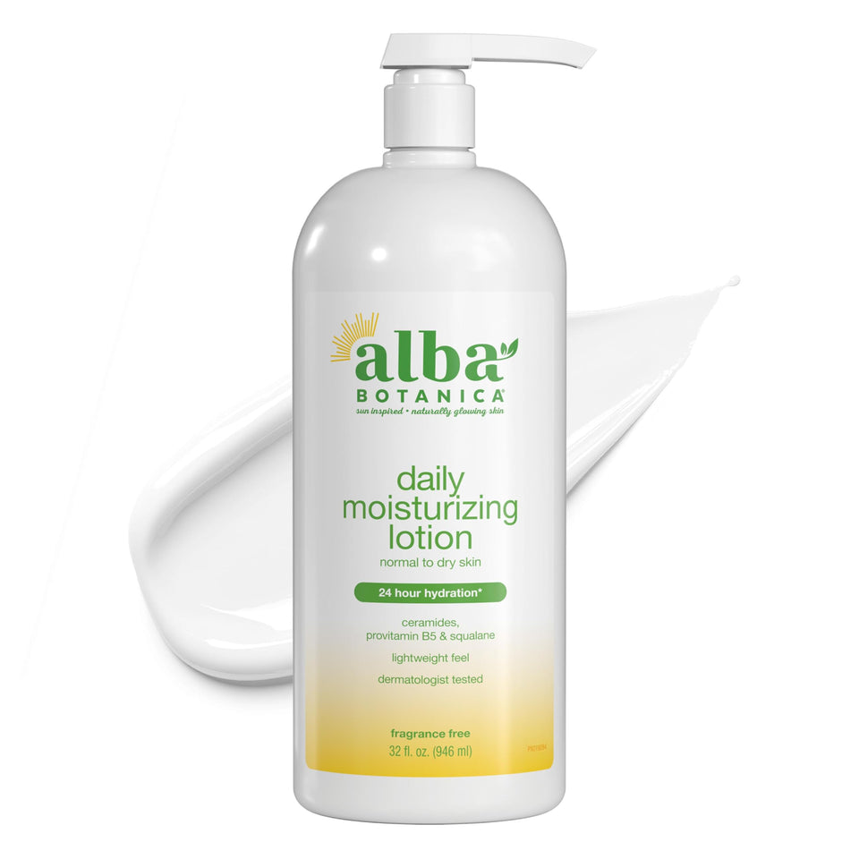 Alba Botanica front bottle showing fragrance-free 32 oz and benefit of gentle hydration