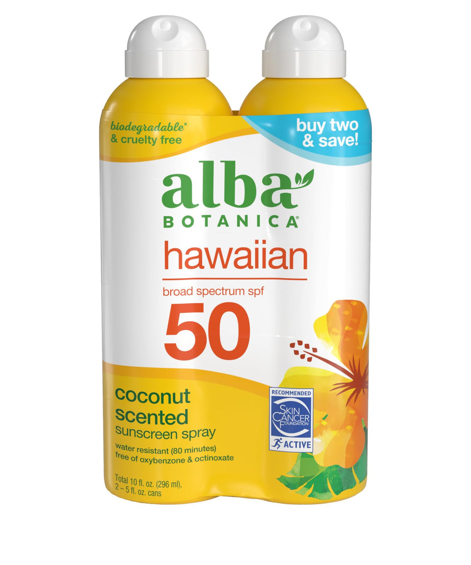 Alba Botanica front packaging showing SPF 50 and tropical design for reliable protection