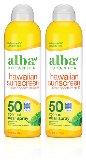 Alba Botanica front packaging showing SPF 50 and twin bottles benefits quick protection
