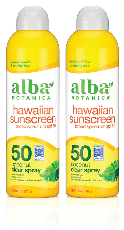 Alba Botanica front packaging showing SPF 50 and twin bottles benefits quick protection