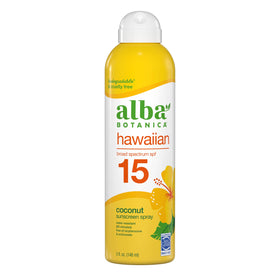 Alba Botanica front packaging showing Hawaiian Coconut spray and SPF benefits