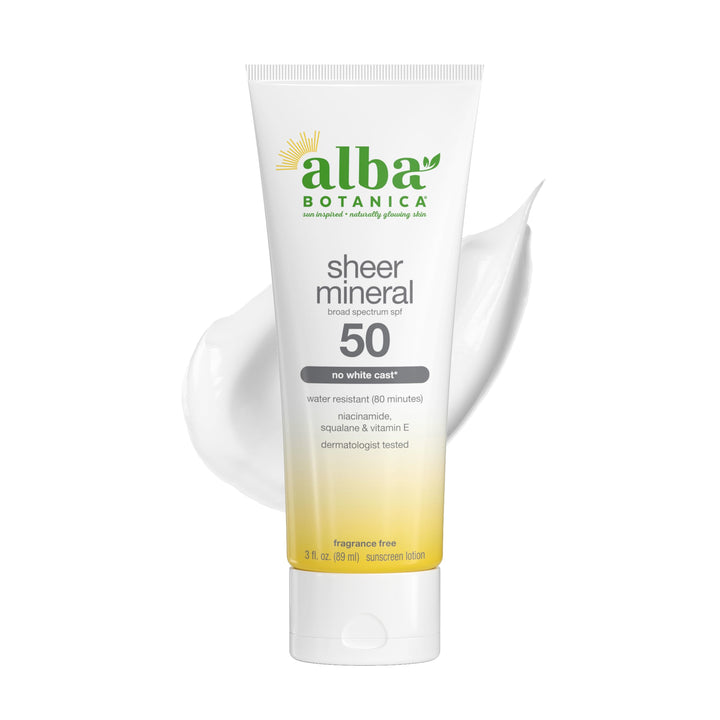 Alba Botanica front packaging SPF 50 showing clear label and tube benefit