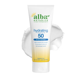 Alba Botanica front packaging showing SPF 50 and fragrance-free protection benefits
