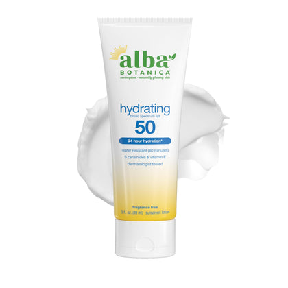 Alba Botanica front packaging showing SPF 50 and fragrance-free protection benefits