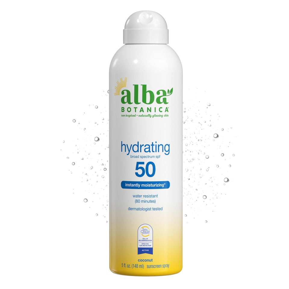 Alba Botanica front packaging showing SPF 50 protection and spray design benefit