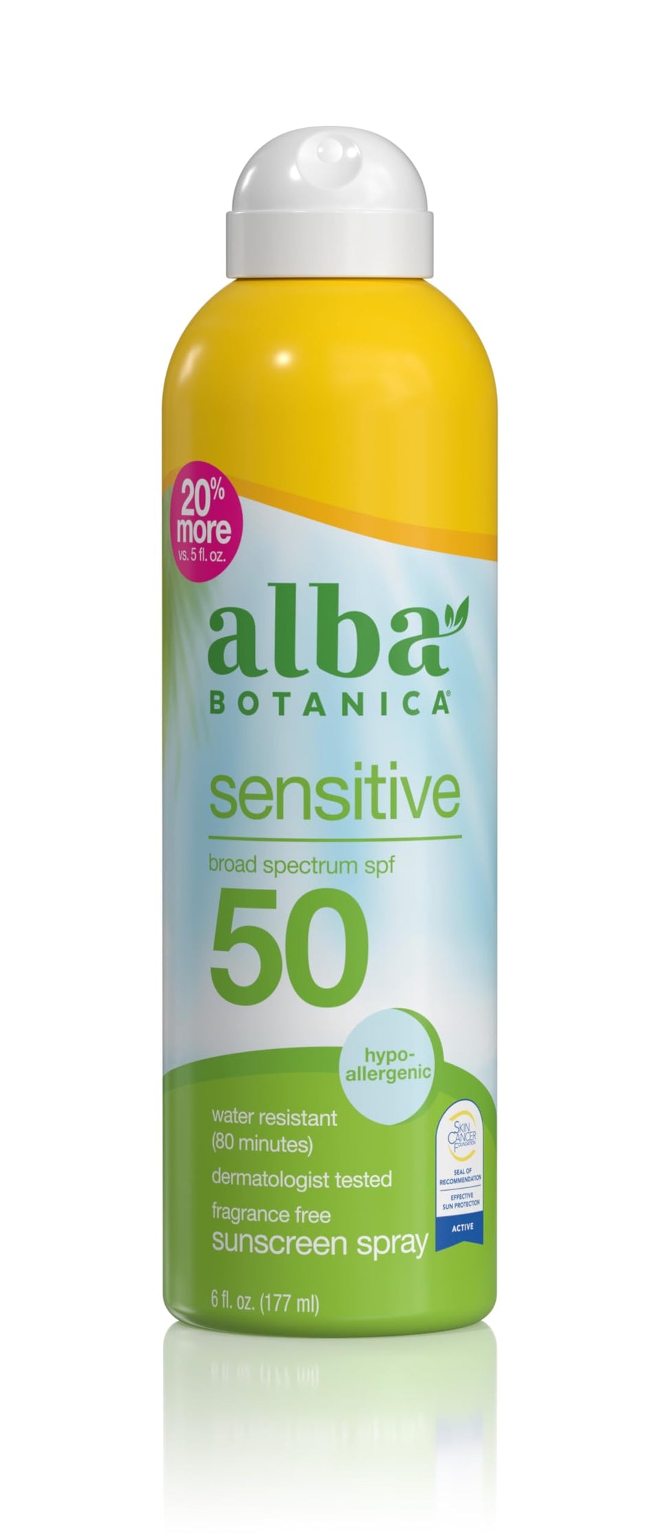 Alba Botanica front packaging showing SPF 50 and fragrance-free protection
