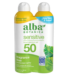 Alba Botanica front packaging showing two SPF 50 spray bottles, convenient protection